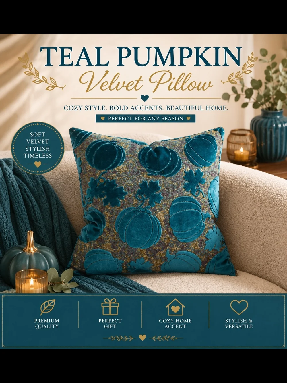 Teal Pumpkin Velvet Pillow - Cozy Home Accent With Insert